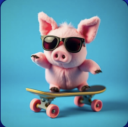 Cholito the pig wearing sunglasses on a skateboard