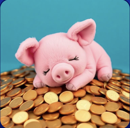 Cholito the pig sleeping on a pile of gold coins