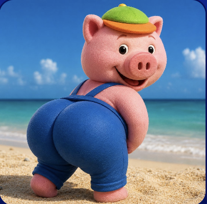 Cholito the pig in blue overalls posing on a beach