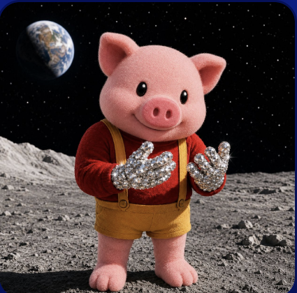 Cholito the pig standing on the moon with diamond gloves