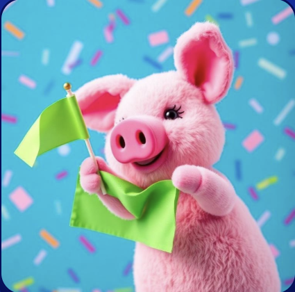 Cholito the pig waving a green flag in confetti