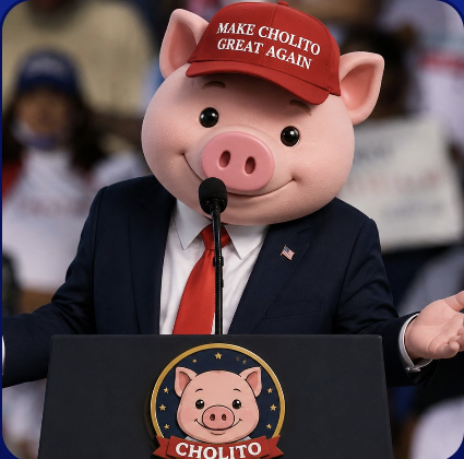 Cholito the pig in a suit and red cap speaking at a rally