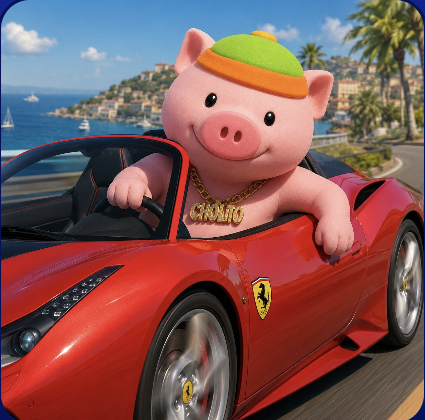 Cholito the pig driving a red sports car with a gold chain