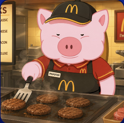 Cholito the pig flipping burgers in a fast food kitchen