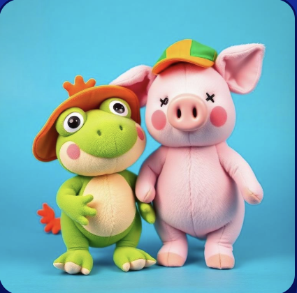 Cholito the pig plush standing next to Toad Pepe plush